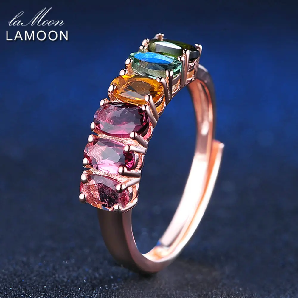 LAMOON 100% Real Natural 6pcs 1.5ct Oval Multi-color Tourmaline Ring 925 Sterling Silver Jewelry with  S925 LMRI005