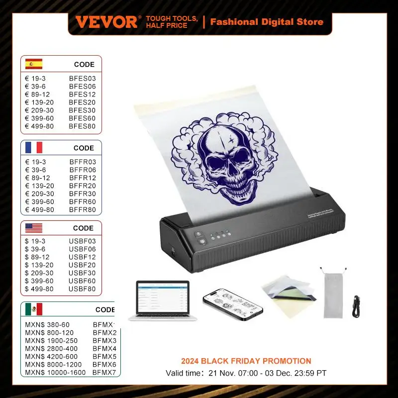 VEVOR Tattoo Stencil Printer Wireless Bluetooth Tattoo Printer Transfer Stencil Machine with 10Pcs Transfer Paper Compatible