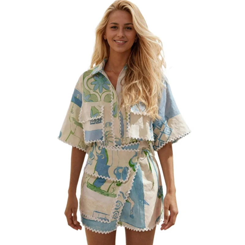 مجموعة أزياء جديدة عصرية متعددة الاستخدامات من الدانتيل المطبوع بأكمام قصيرة لربيع وصيف 2026 على الطراز الأوروبي الأمريكي ملابس نسائية