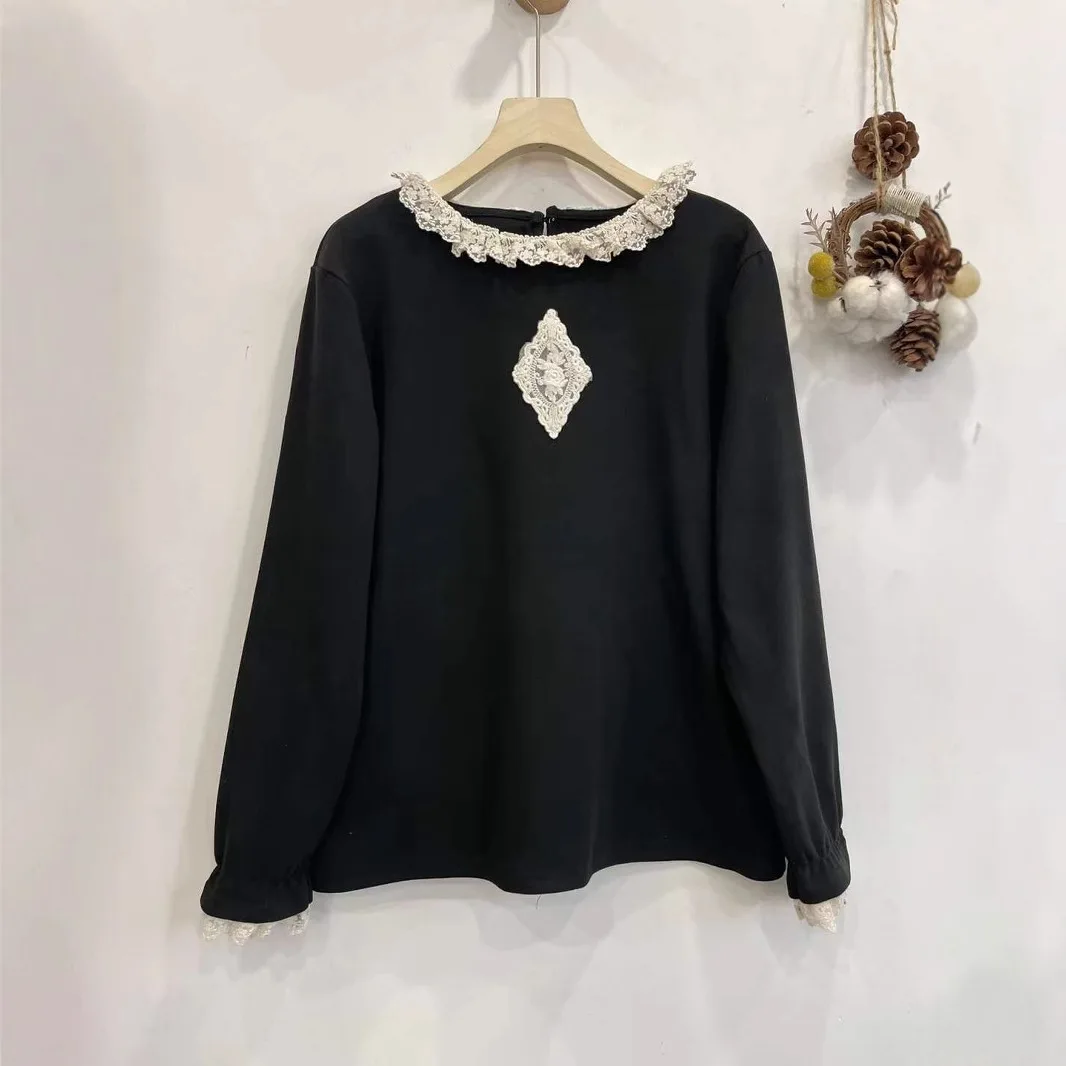 Mori Girl Lace Collar Solid Color Base Cotton Shirts Women Spring Autumn O-Neck Long Sleeve Casual Loose Pullover Tops