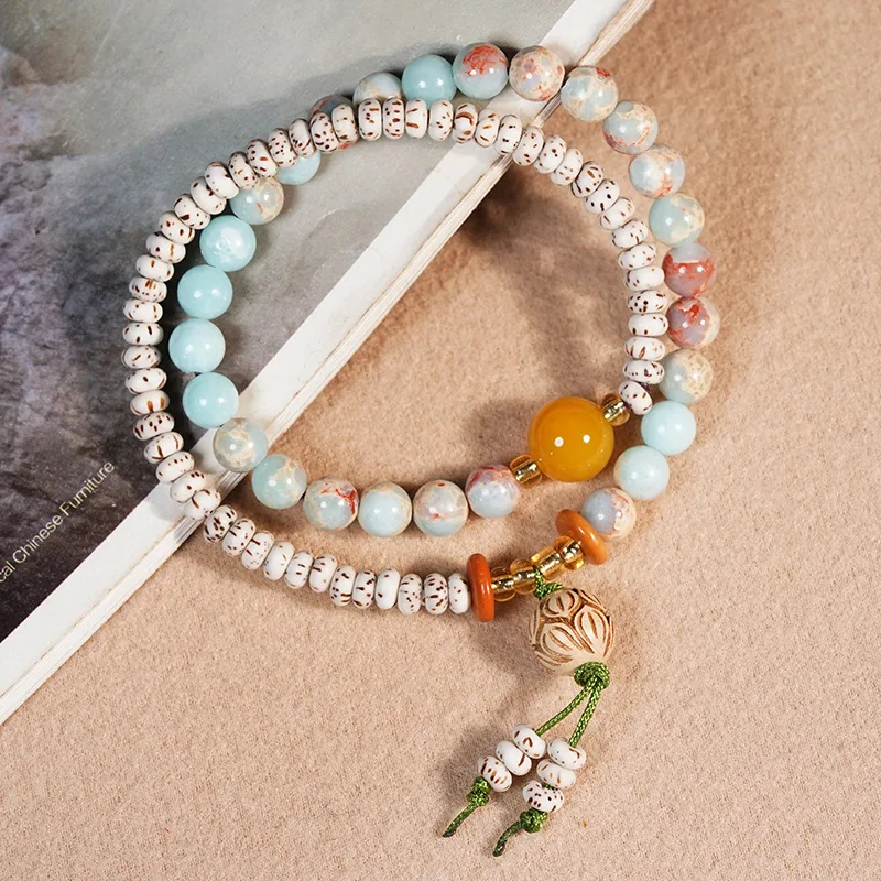 Chinese Style Lucky Mini Star Moon Bodhi Seed Beaded Bracelet Lotus Cat Paw Pendant Prayer Mala For Women Men Blessing Fortune