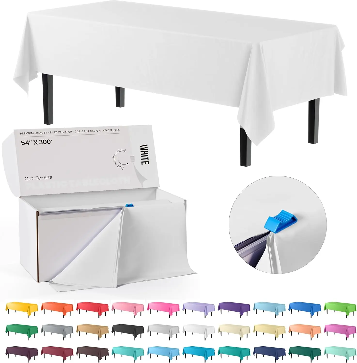 Rollo de cubierta de plástico para mesa de 54 pulgadas x 300 pies con cortador deslizante, corta hasta 36 manteles desechables