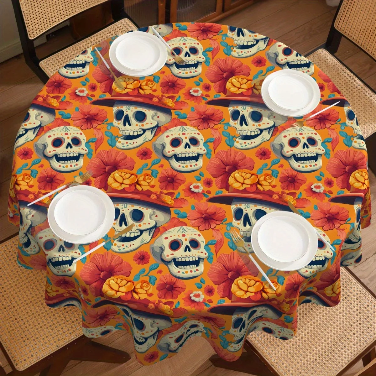 One Bohemian-style round tablecloth, 61x61 inches - Orange Skull and Floral Pattern Polyester Fiber Tablecloth Coverzyc