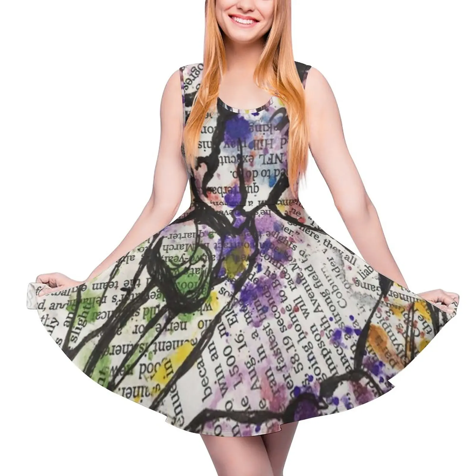 Newspaper Print Dress Watercolor Floral Print Cute Dresses Sleeveless Street Wear Design Skate Dress Summer Oversized Clothing