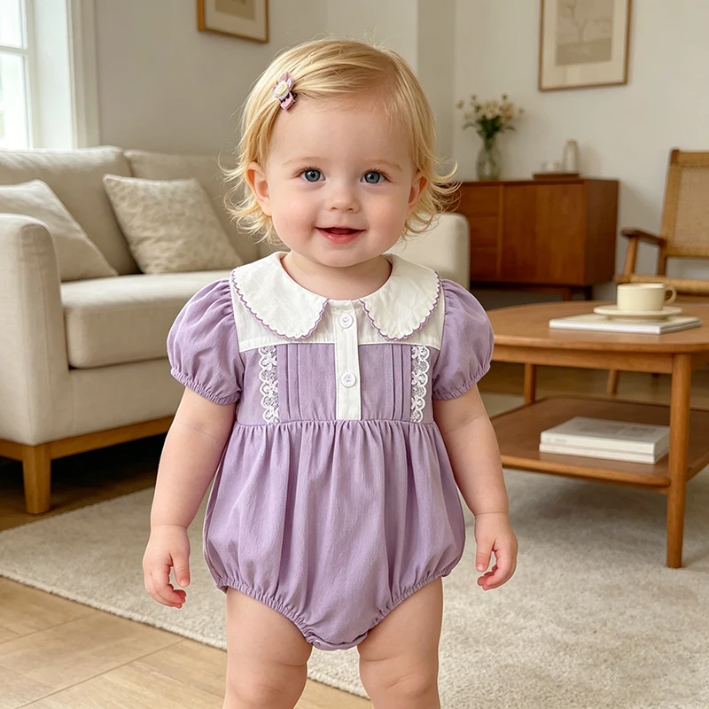 Koreanische Version Sommer Neu 0-24M Baby Mädchen Lila Jumpsuit Kurzarm-Body mit Blumenstickerei Süßer Strampler