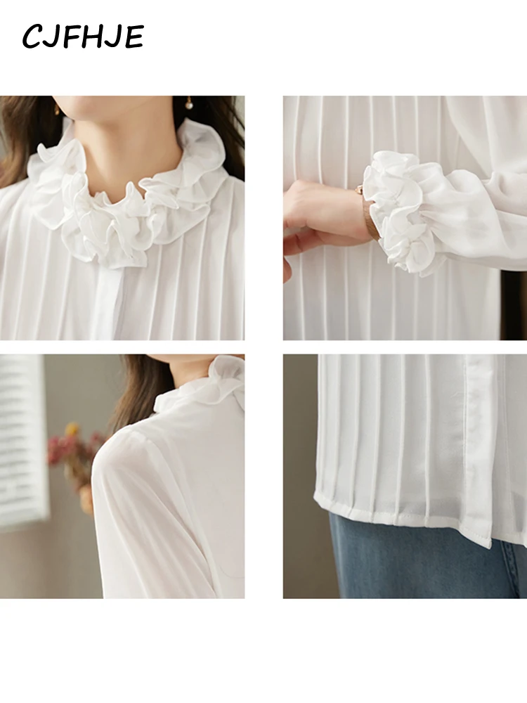 Cjfhje Hofstijl Ruches Design High-End Witte Shirts Vrouwen Elegant Kantoor Dames Ruches Lange Mouw Knoop Blouse S-XXL