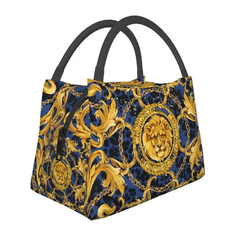 Baroque Golden Lion And Damask Insulated Lunch Tote Bag for Women Portable Cooler Thermal Food Lunch Box Outdoor Camping Travel