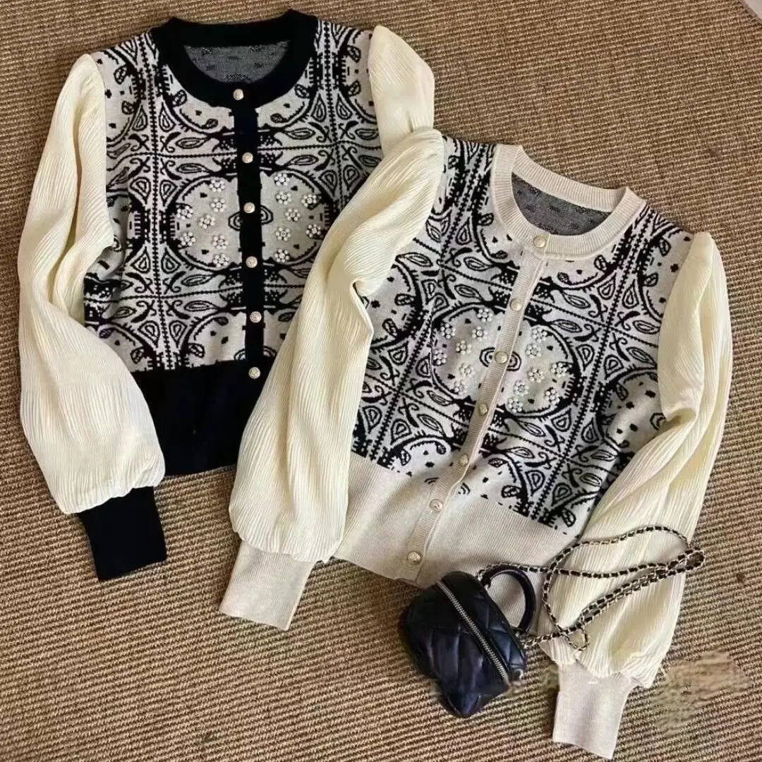 Small Fragrant Wind Beading Sweater for Women\'s Spring and Autumn 2024 Design Feeling Cardigan Western Knit Print Tops X746