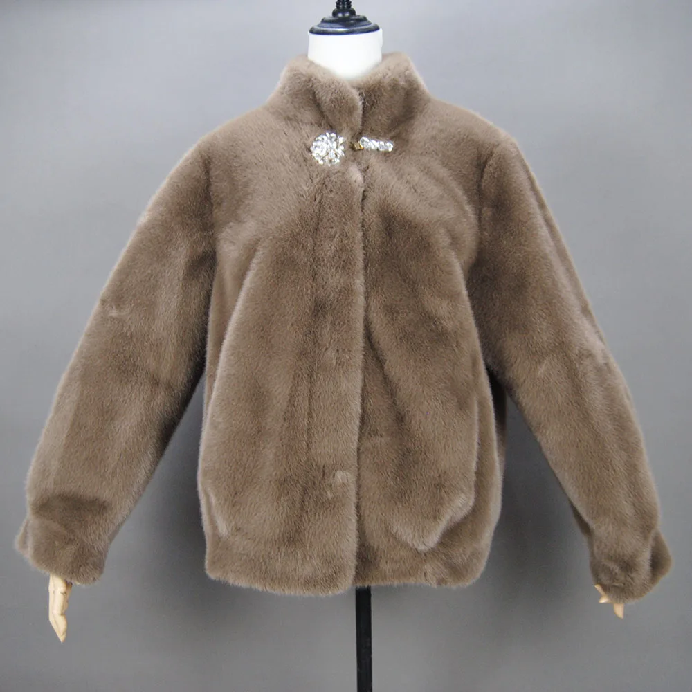 Manteau d'hiver en fausse fourrure de vison pour femme, marron, épais, chaud et doux, manches longues, col montant, élégant, luxe, Chic, veste moelleuse, 2025