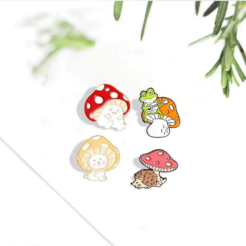 

Mushroom Enamel Pin Custom Cat Frog Hedgehog Brooches Shirt Lapel Bag Cartoon Cute Animal Badge Jewelry Gift for Kids