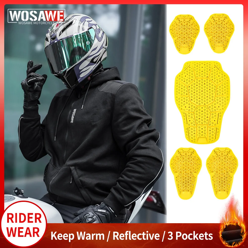 WOSAWE Motorcycle Jacket with Back Pad Elbow Pads Men Winter Fleece Thermal Hooded Jacket Insert Soft Gear Full Zip Up Outwear