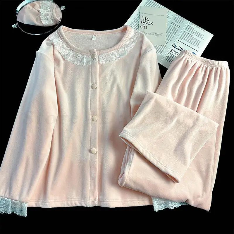 

Велюровый пижамный комплект из 2 предметов, кружевной брючный пижамный костюм с длинными рукавами, интимное белье, осенне-зимняя бархатная домашняя одежда, одежда для дома