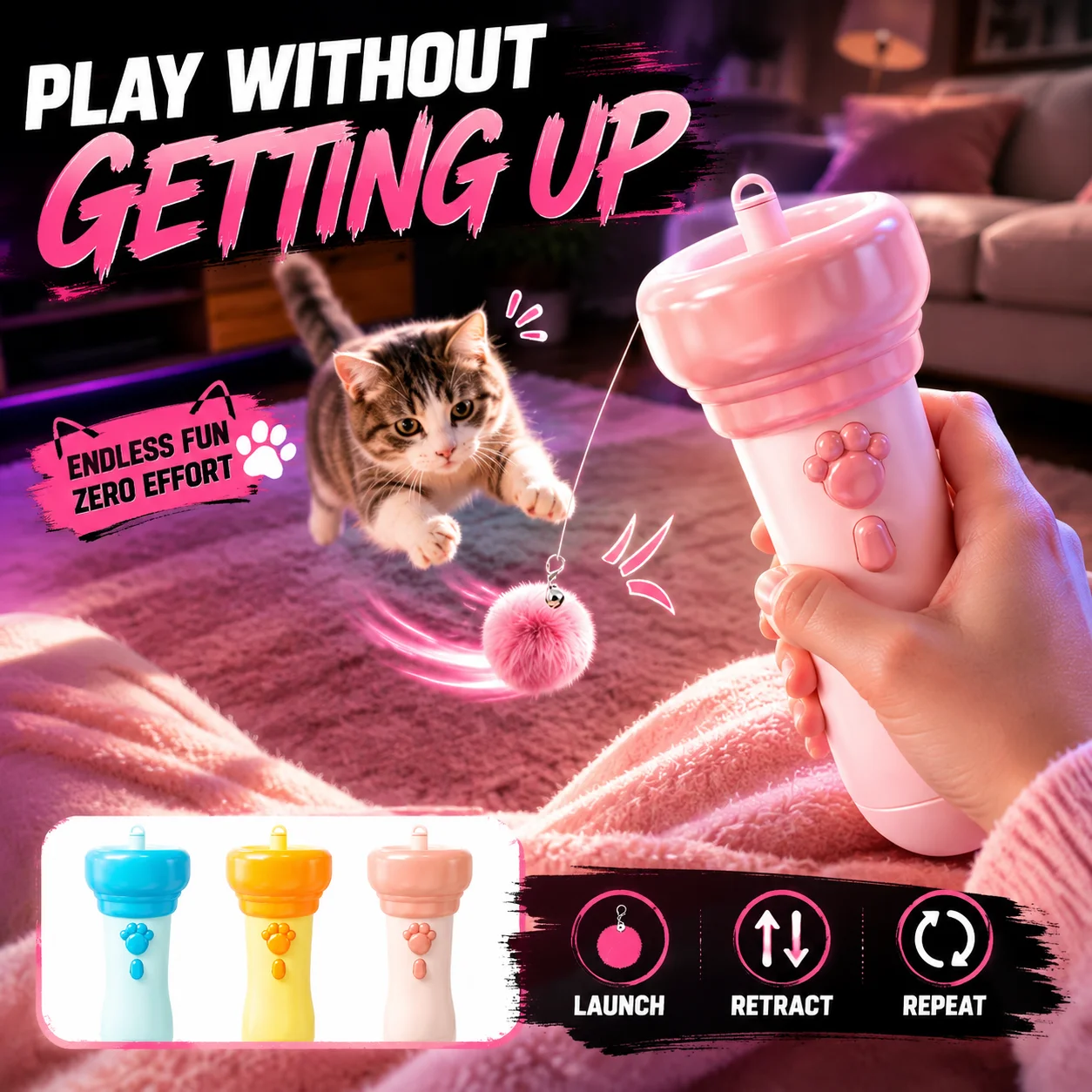 Interactive Launch Type Cat Toy Hand‑Press Retractable Teaser Wand With Soft Pom‑pom Ball Indoor Cats Play Toy Relieve Boredom