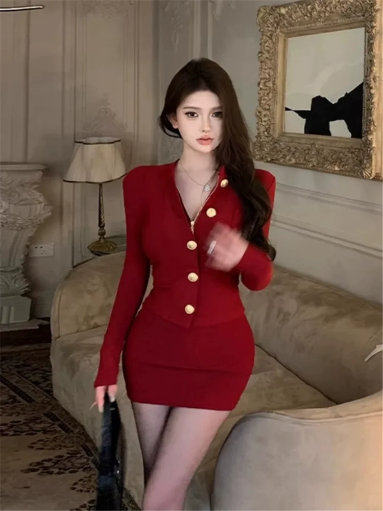 

2025 New Women Fashion Red Two Piece Dress Sets Vintage O Neck Slim Shirt Top+Pencil Skirt Suits 2pc Office Lady Elegant Outfits