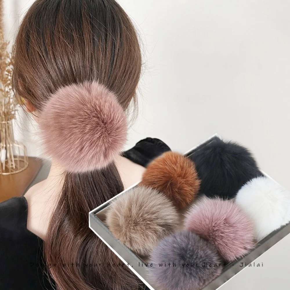 Korean Plush Ball Head Rope Real Fox Fur Ball Elastic Rubber Band Fur Fluffy Hair Women Ties Elegant Hair Rope Hair Accessories