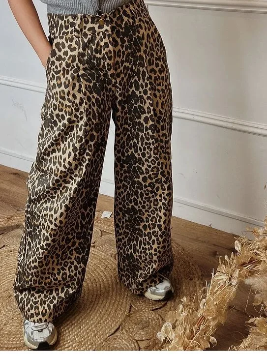 Leopard Print Wide Leg High Waist Pants Women All Match Loose elastic Trousers with drawstring Female Spring Casual Lady Pant