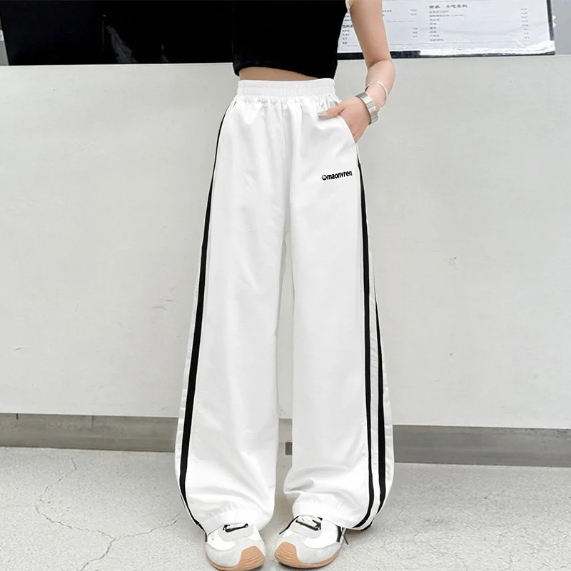 Girls Spring Autumn Sports Pants Kids Trendy Side Stripe Casual Loose Wide Leg Children's Teenage Quick Dry Leisure Trousers