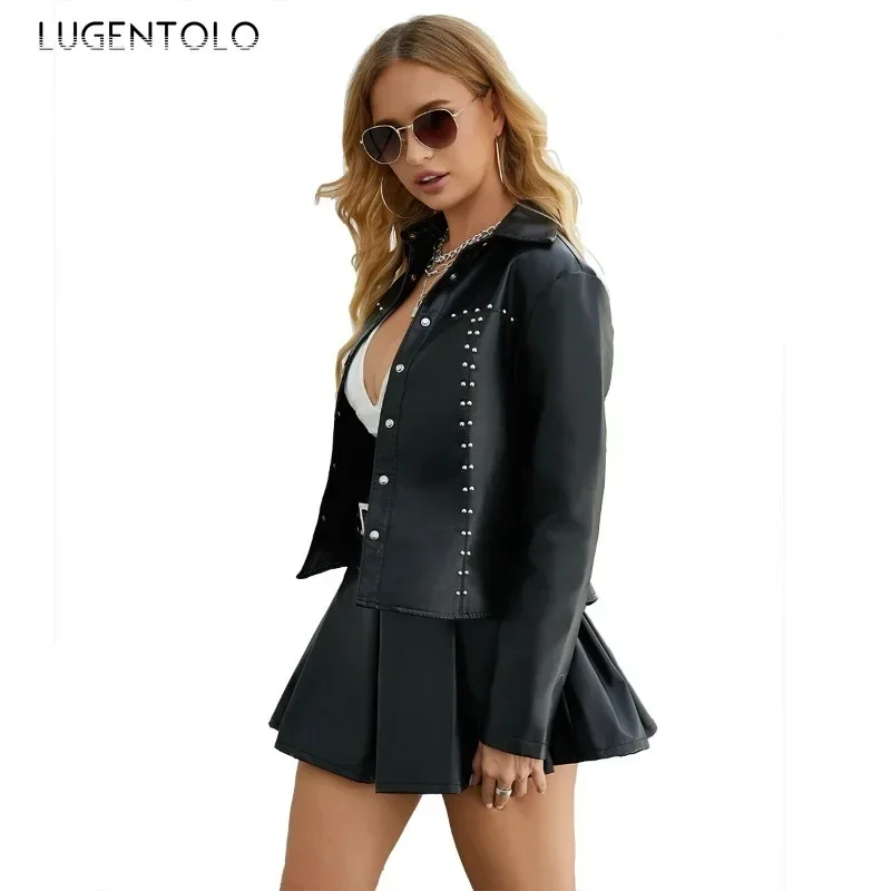 Mulheres jaqueta do plutônio outono novo couro falso clássico casaco de motociclista único breasted recortado lapela rebite cardigan topos moda rua wear