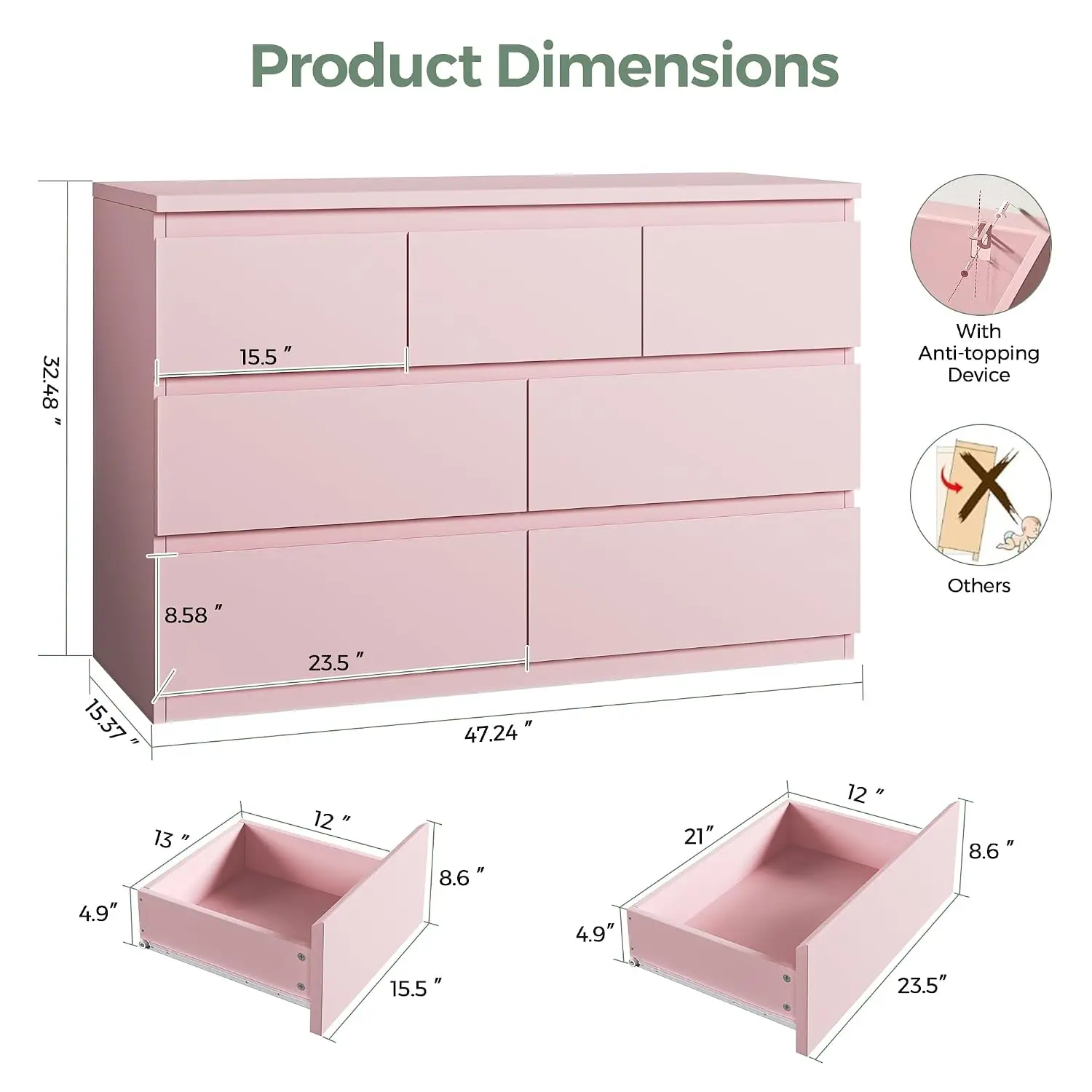 Pink 7 Drawer Dresser Bedroom Wood Chest Closet Storage Deep Drawers Living Room Hallway 15.3