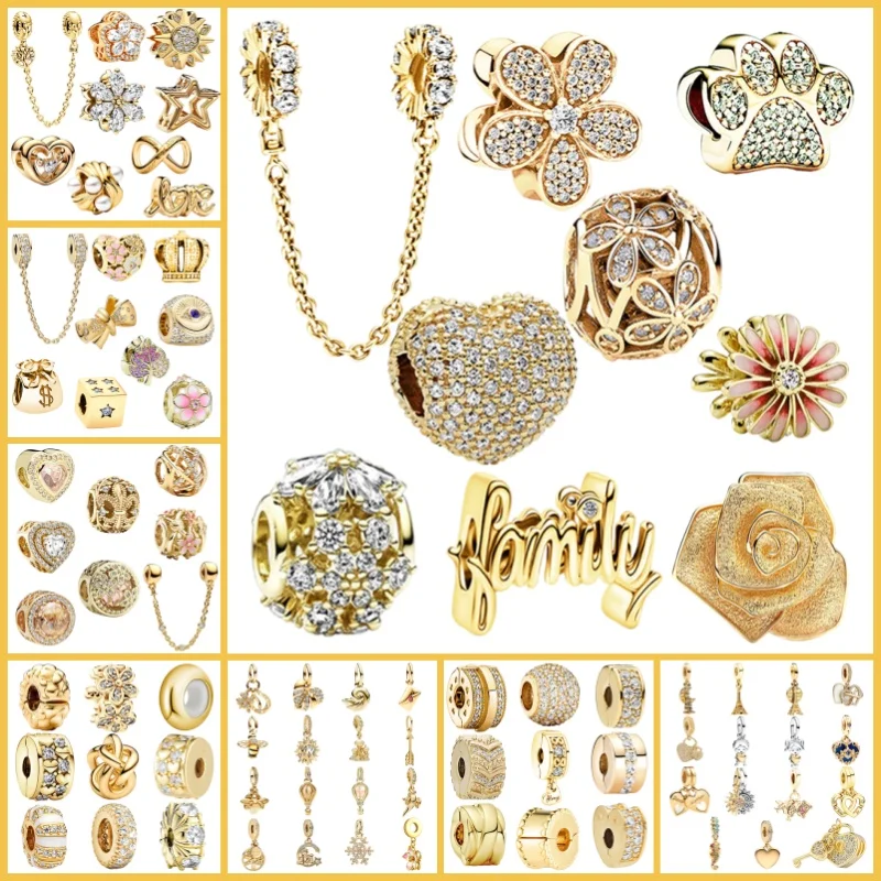 Manik-manik pesona seri emas bentuk balon udara, bunga mawar baru, dan kepingan salju, cocok untuk perhiasan DIY perak sterling 925 asli, hadiah