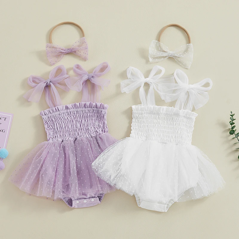 Baby Girl 2Pcs Summer Outfits Sleeveless Tie Strap Smocked Romper Dress with Headband Set Infant Clothes