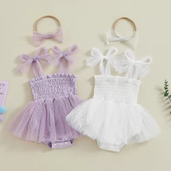 Baby Girl 2Pcs Summer Outfits Sleeveless Tie Strap Smocked Romper Dress with Headband Set Infant Clothes