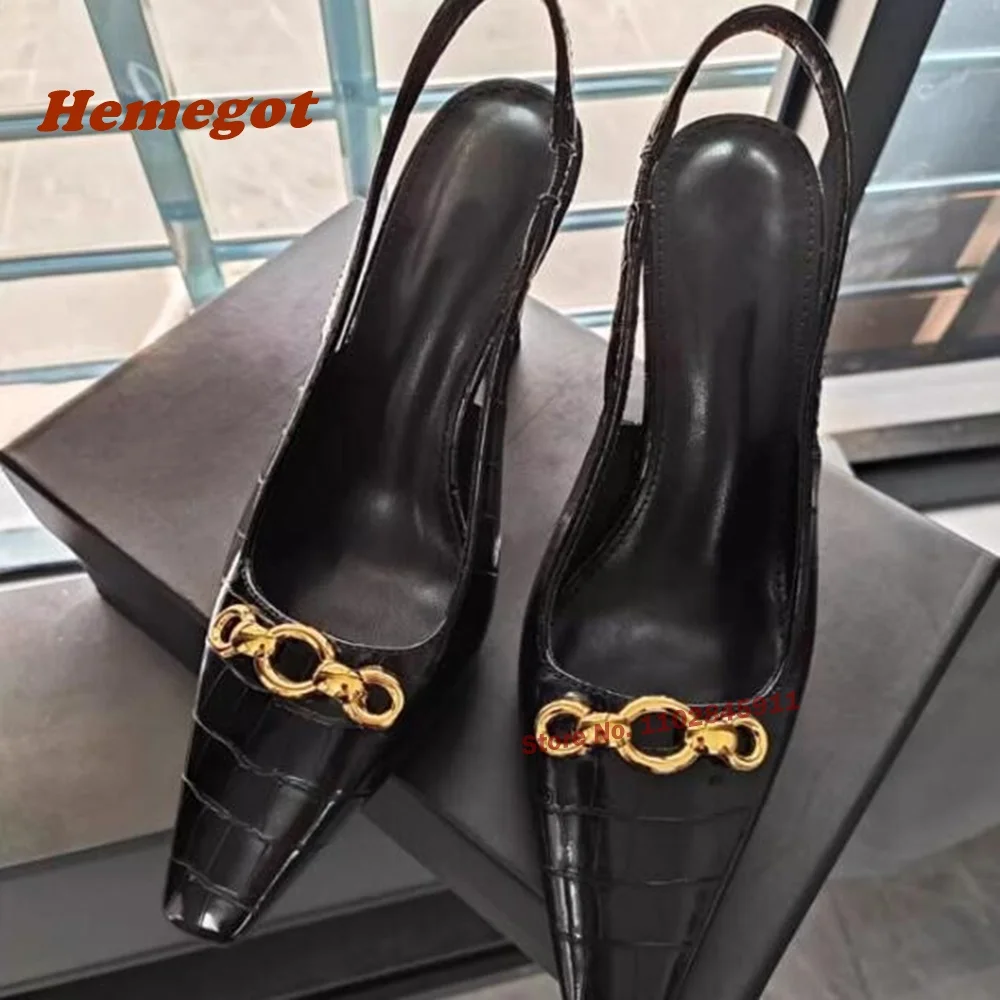 Croc-Pattern Slingback Pumps Square Toe Chain Decor Strange Style Women's Pumps Black Summer Glossy Sexy High Heels Luxury Shoes