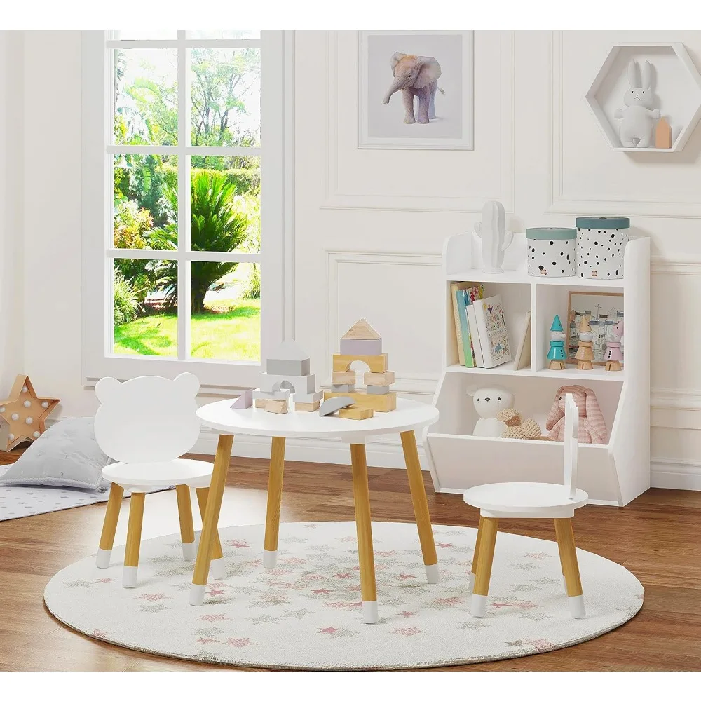 Kids Wood Table and Chair Set, 3-Piece Round Play Table for Toddlers, White Modern Design