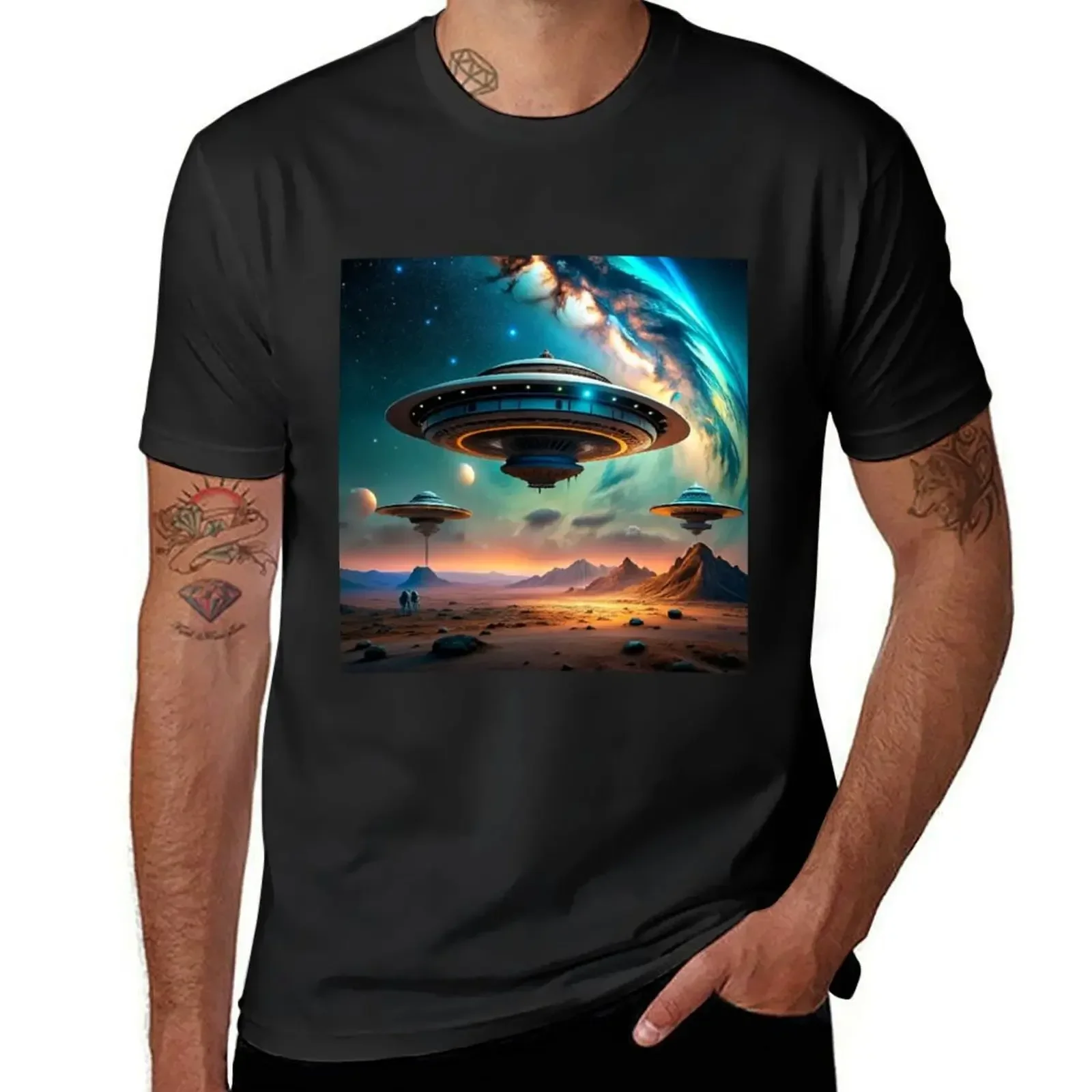 Design: Illustration of cosmic contact between a UFO and a human figure, with elements of light t-shirt T-Shirt