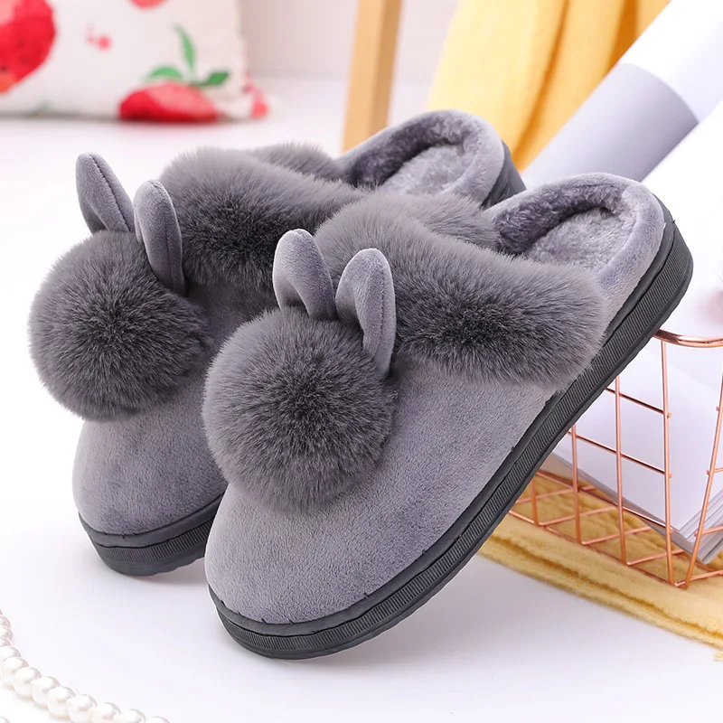 Chinelos bonitos de orelhas de coelho para mulheres, corrediças de pelúcia quente, sapatos de quarto, chinelo antiderrapante, casa, inverno, 1 par