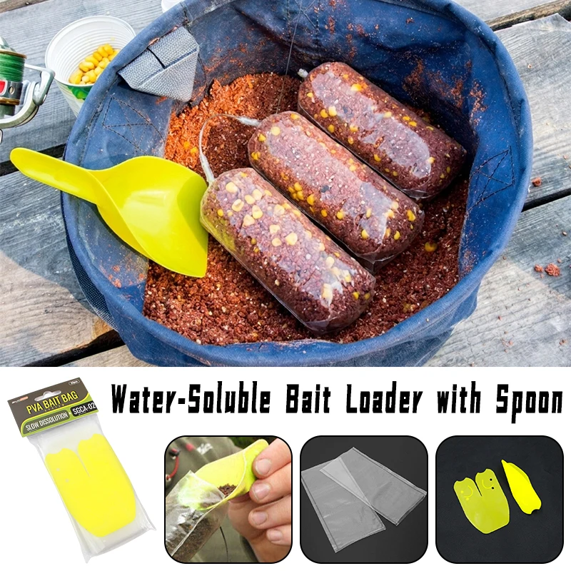 

Fishing Bait Loader Spoon with 50Pcs Pva Bags Water Soluble Bait Mesh Kit, Quick Fill Carp Fishing Tool Yellow Durable Accessory