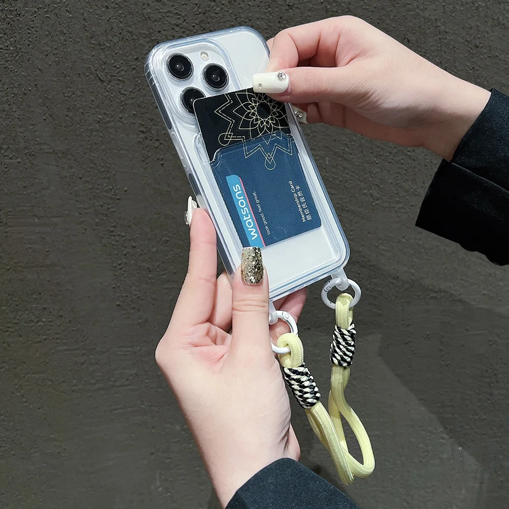 럭셔리 소프트 카드 백 폰 케이스 아이폰 16 프로 맥스 12 14 플러스 XS XR 7 8 투명 범퍼 컬러풀 랜야드 로프 커버