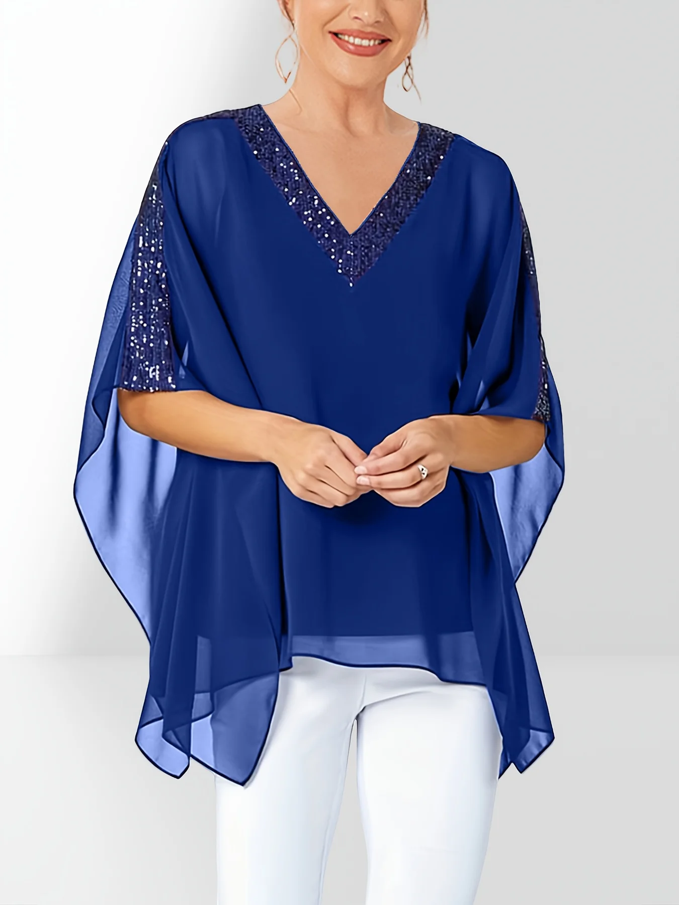 

Plus Size Women's Mesh Sequins V-Neck Elegant Shirt Blouse Split Batwing Sleeve Solid Tierred Irregular Summer Casual Top