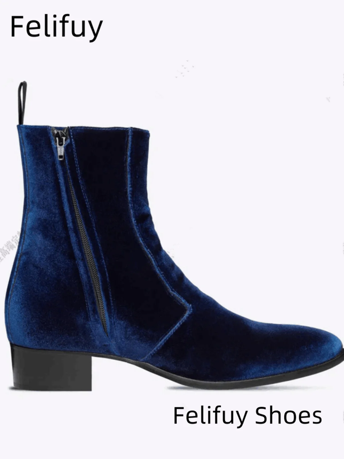 

Blue Men Chelsea Boots Genuine Leather Velvet High Boots Low-heeled Pointed Toe Fashion All-match Single Men Shoes casual boots