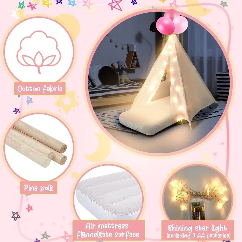 Tente tipi pour enfants, lit gonflable, guirxiété lumineuse, drap-housse, coton naturel, tente de jeu lavable pour tout-petits, en vrac, paquet de 6