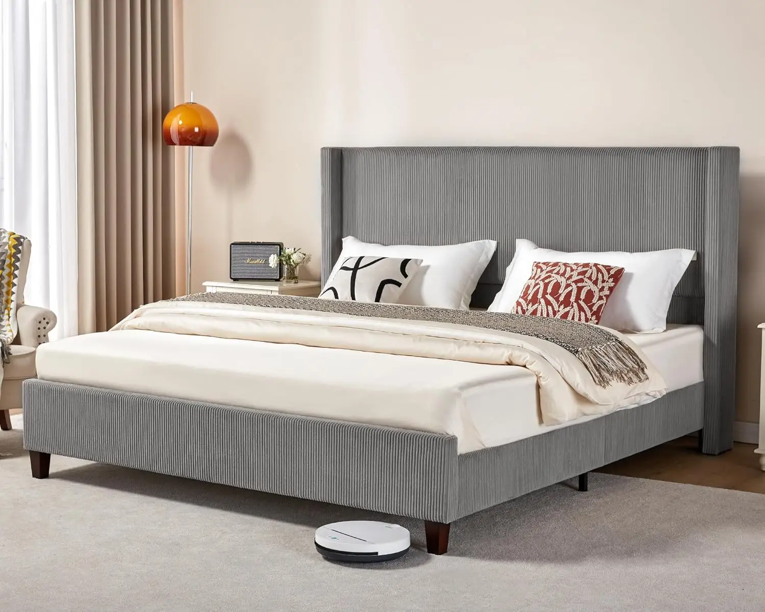 إطار سرير بمنصة بحجم كوين، سرير منجد من سروال قصير مقاس 50.8 بوصة مع لوح رأسي معنقدة بقناة عمودية/شرائح خشبية/ظهر مجنح/بدون بو #3