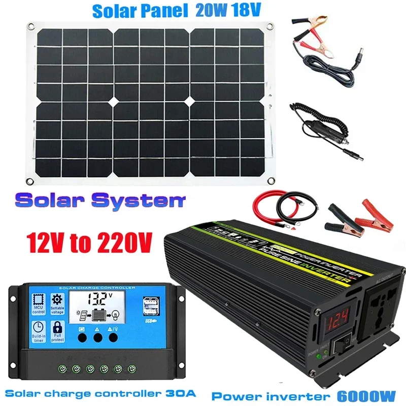 Solar Panel System 18V18W Solar Panel 30A Charge Controller 4000W/6000W/8000W Car Solar Inverter Kit Complete Power Generation