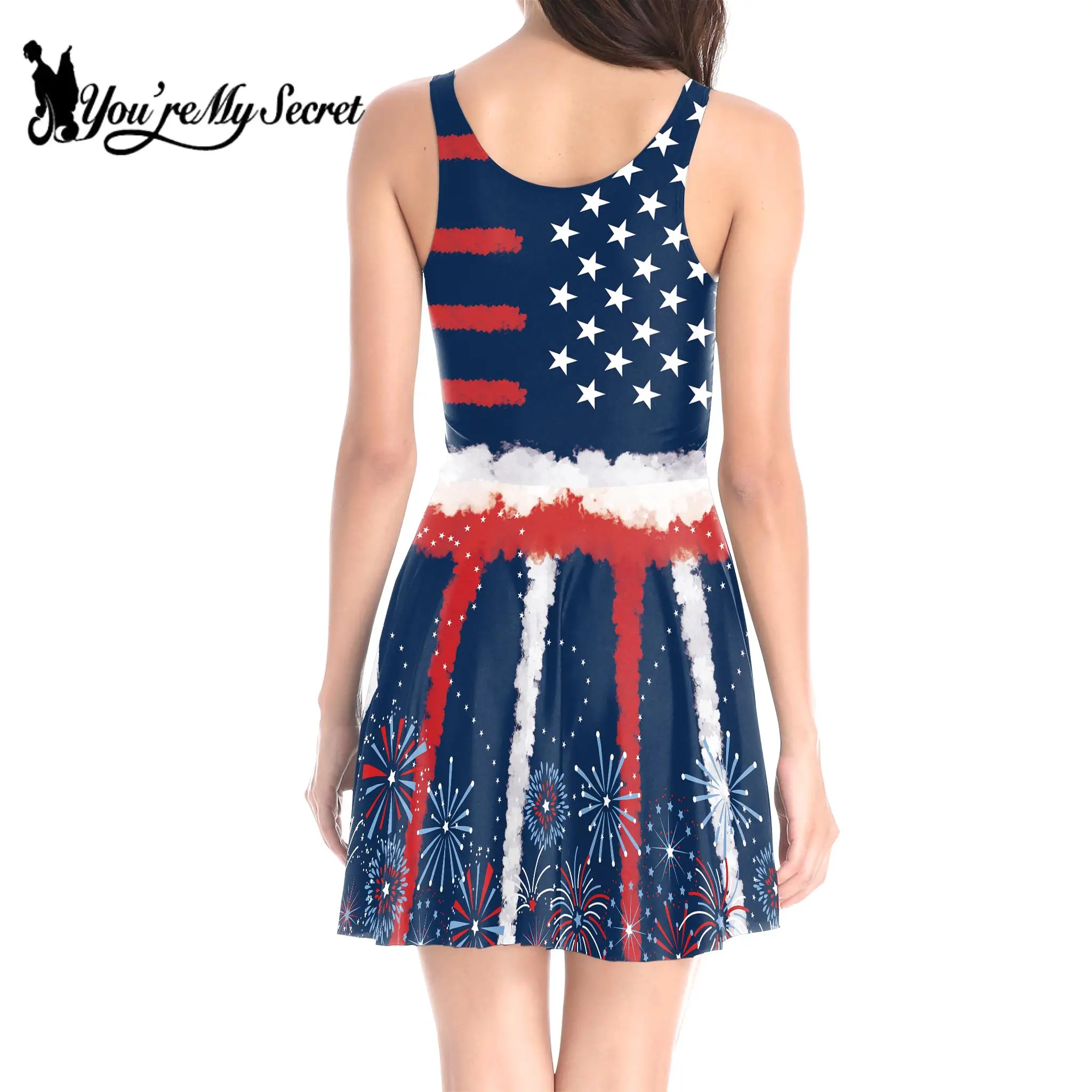 [You're My Secret] Women Dress Tops Tank Dress Independence Day Flag 3D Print Streetwear Sleeveless Sexy Mini Dress Summer