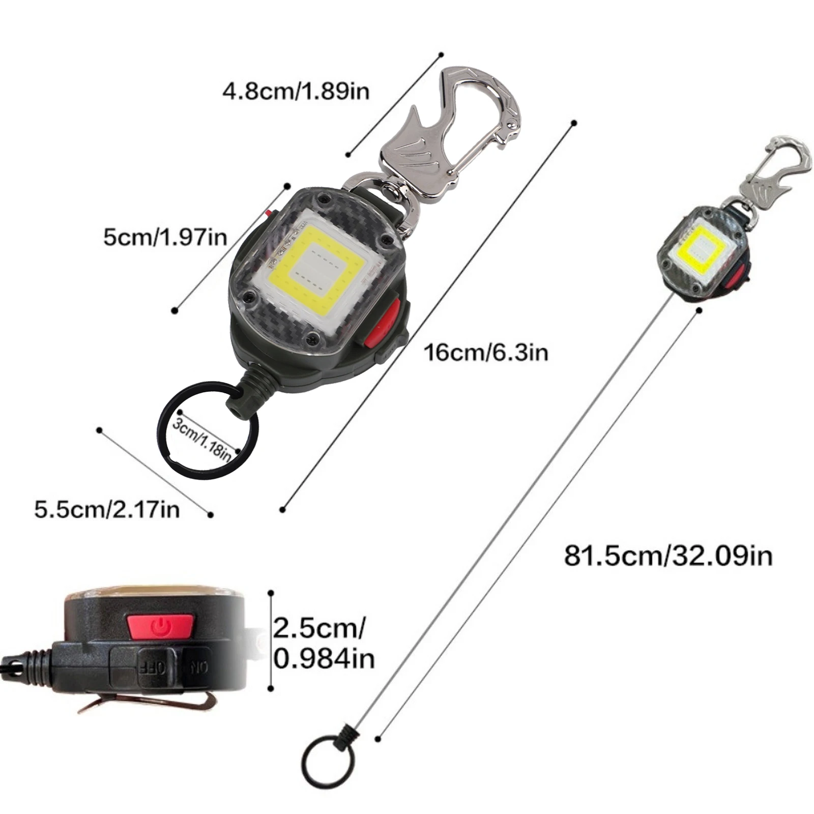 Retractable Keychain LED Flashlight 300 Lumens USB-C Rechargeable Work Light With Magnetic Back For Camping Hiking Fishing