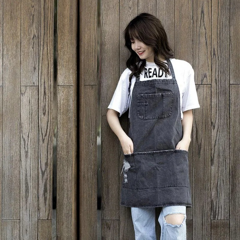 Japanese Washed Cotton Denim Aprons, Enlarged Coffee Shop Milk Tea Shop Gardening Workwear,Fashionable Apron Kitchen Accessories view 2
