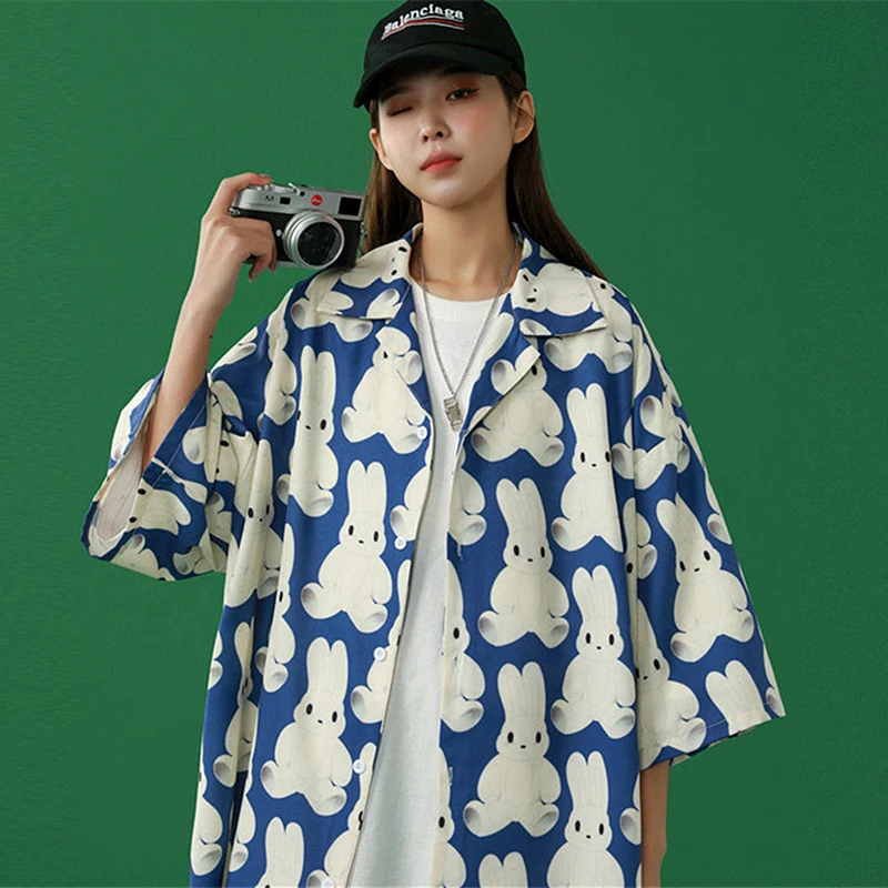 Pink Rabbit Cartoon Graffiti Funny Men Shirt Summer Beach Hawaii Women Button Up Shirt Large 2XL Oversized Tops Korean Fashion