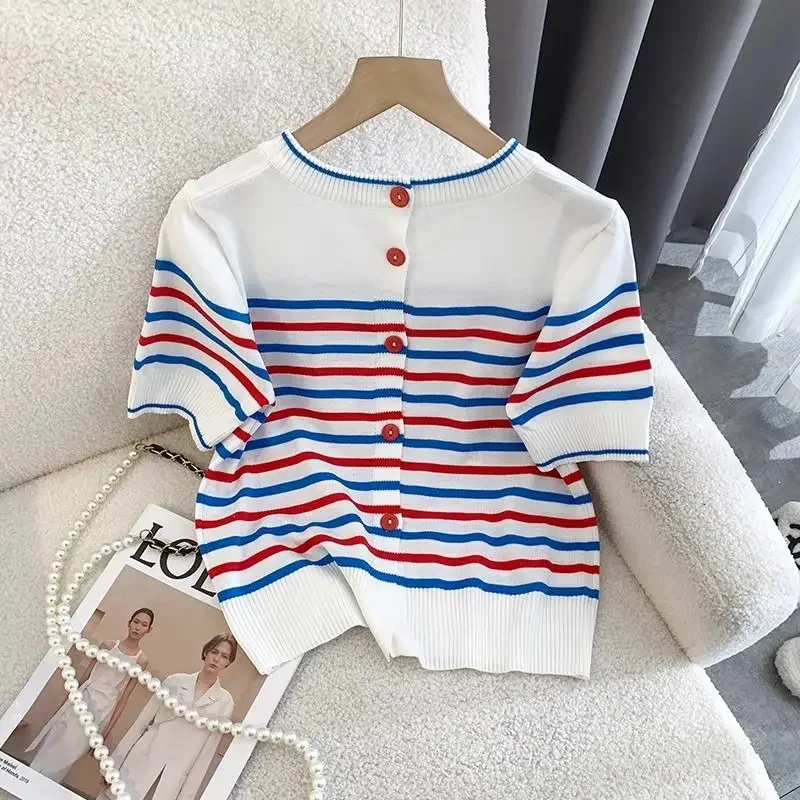 Striped Embroidered Knitted Shirt Women\'s Round Neck Short Sleeve Double Wearable T-shirt Knitted Shirt 2024 Summer New Edition