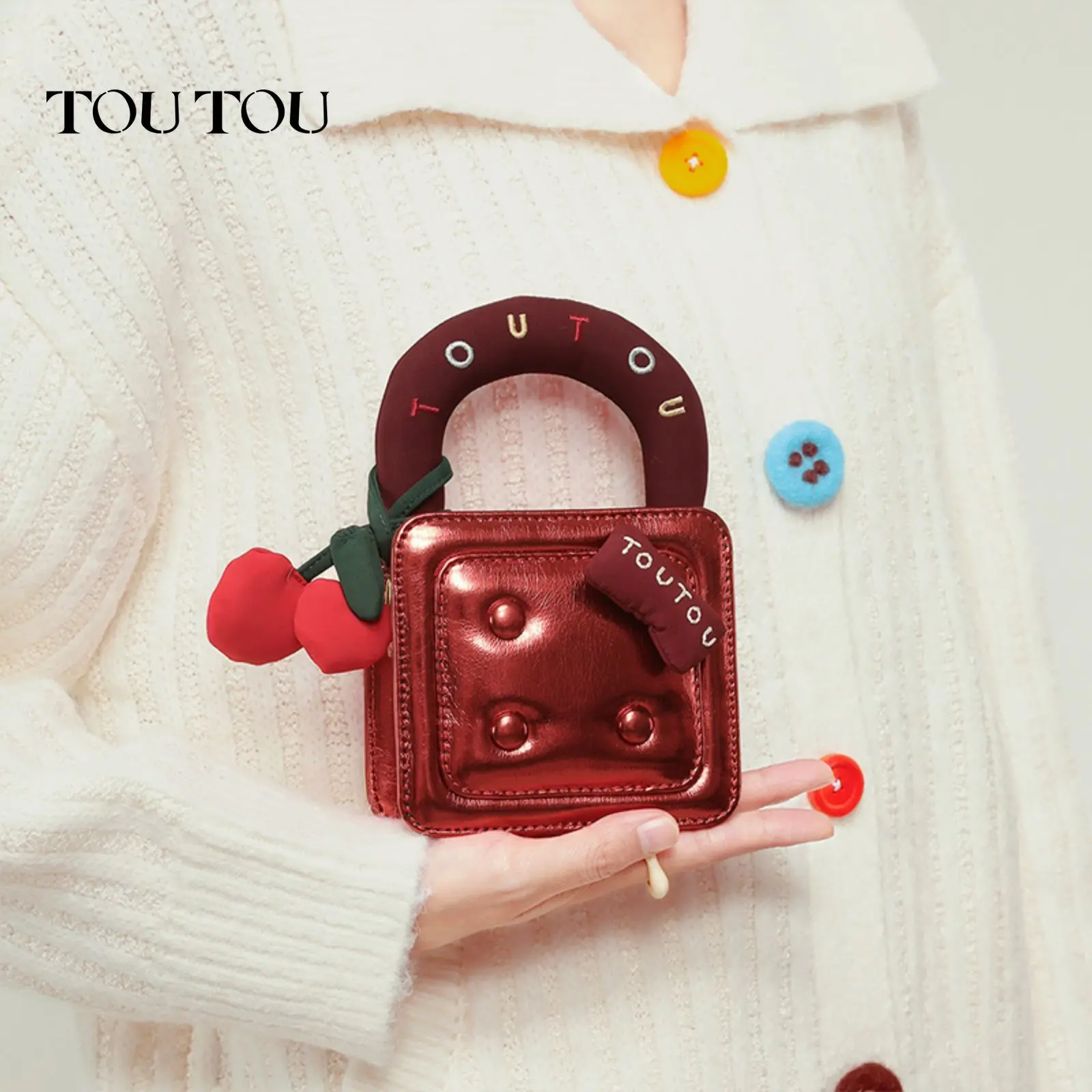 

TOUTOU Original Cherry Square Bag Mini Female Replica One Shoulder Crossbody Red Syntactic Leather Designer Bag Christmas Gift