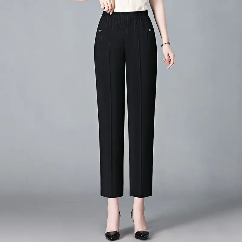 Women's Clothing Solid Color Rivet Elastic Pockets High Waisted Casual Fashion Trousers Straight Trouser Suits Trendy Pants