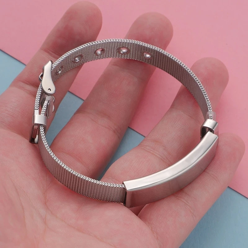 Stainless Steel Adjustable Mesh Belt Design Bracelet with Blank Curved Tag Laser For Engraving Watch Steel Band Bracelet