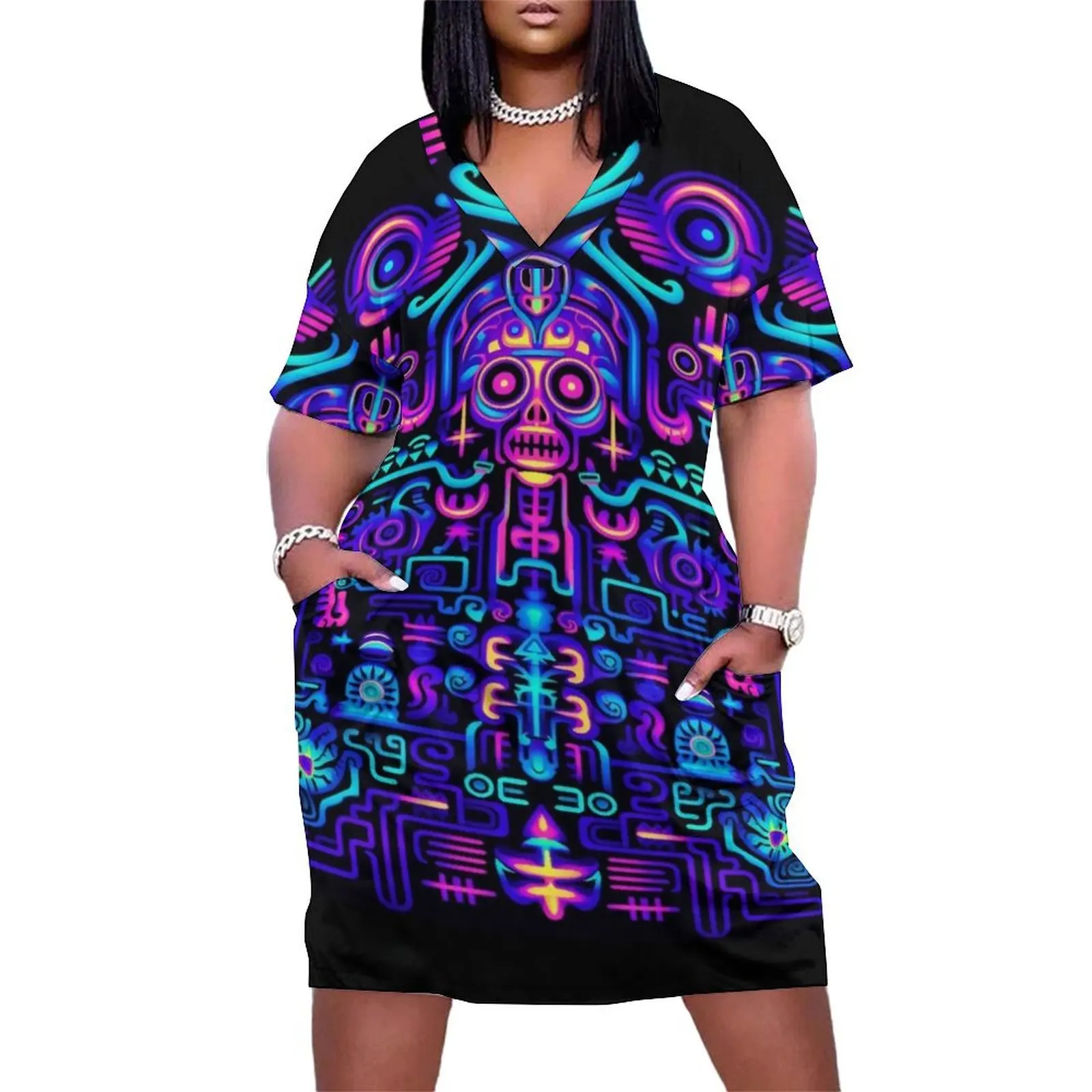 

Blacklight Huichol art onix Poster Loose Pocket Dress Woman fashion chic and elegant evening dress