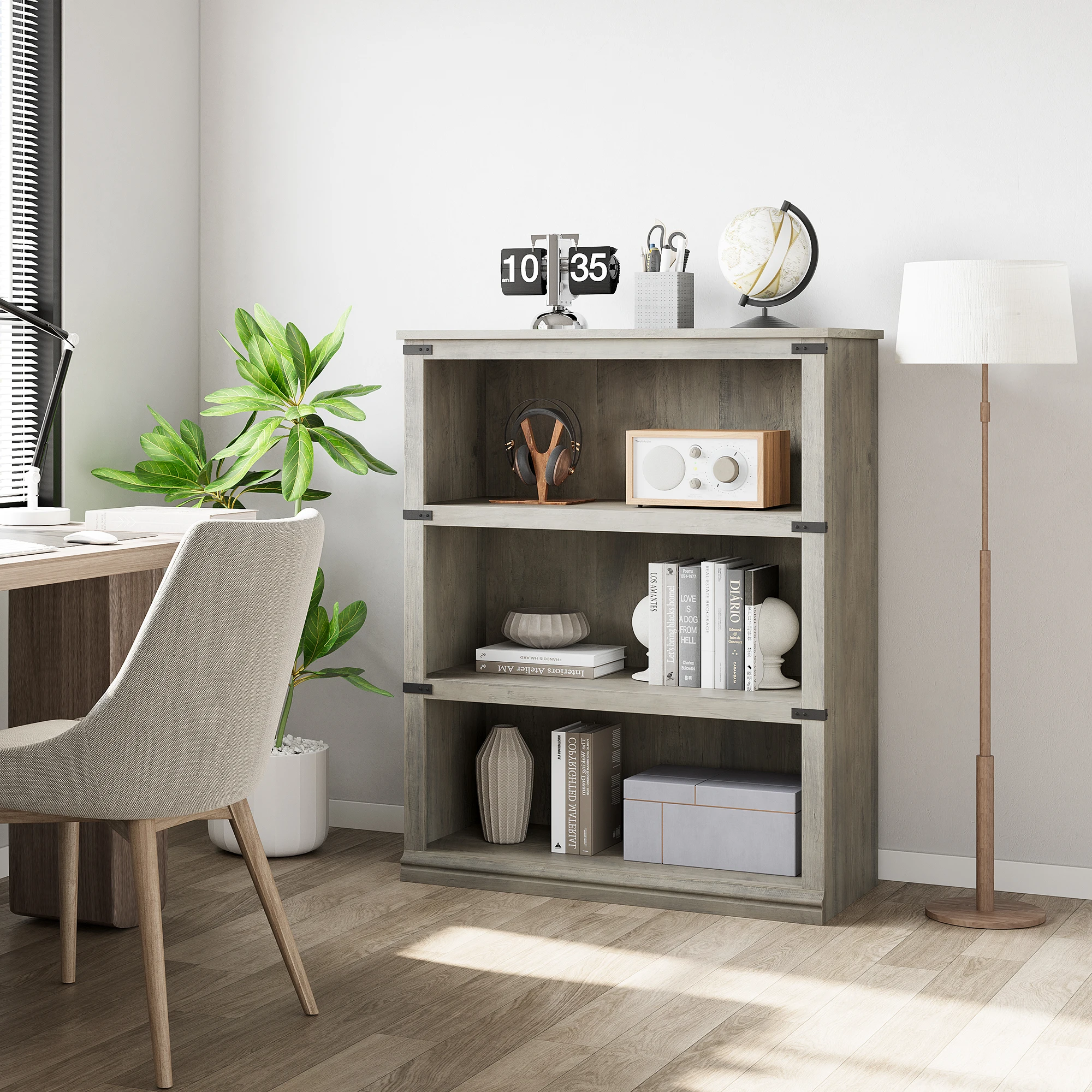 3-stöckiges Farmhouse-Bücherregal mit Stauraum, offenes Display-Bücherregal, hohes Bücherregal, Holzmöbel für Büro und Wohnzimmer – Detail 6