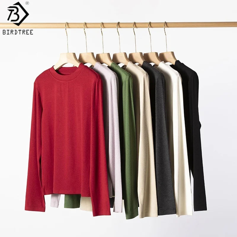 

Однотонная рубашка из шерсти и хлопка Birdtree, женская блузка с длинными рукавами и круглым вырезом, осенний теплый базовый пуловер 2025 T59812JF