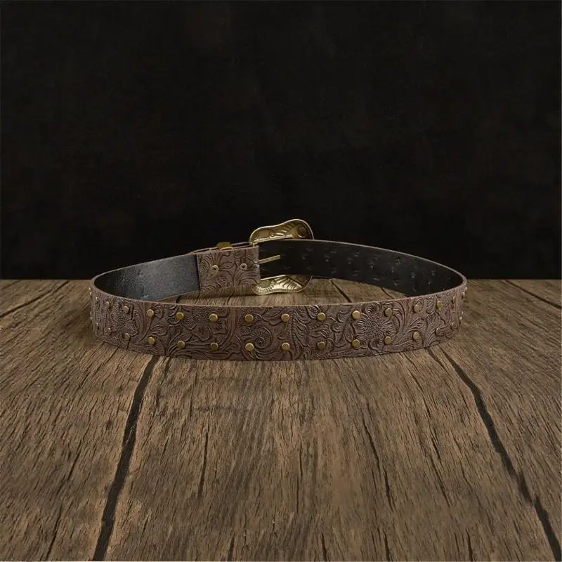 

652F Western Carved PU Belt Adjustable Length Durable Leather Waist Strap