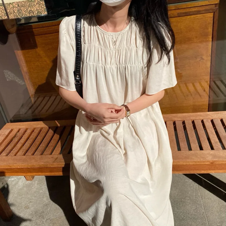 Chic Simple round Neck High Waist Slimming Blue Long Dress Women's Soft Style Commute Korean Version Folded Hem Dress